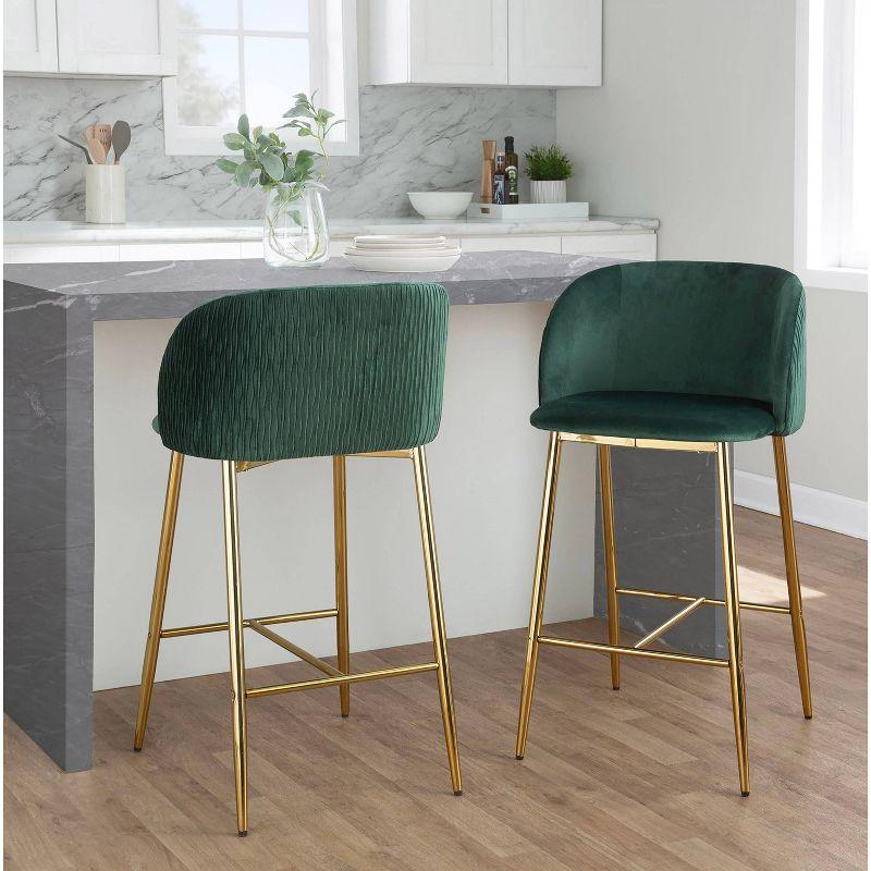 Set of 2 Green Velvet and Gold Metal Counter Stools