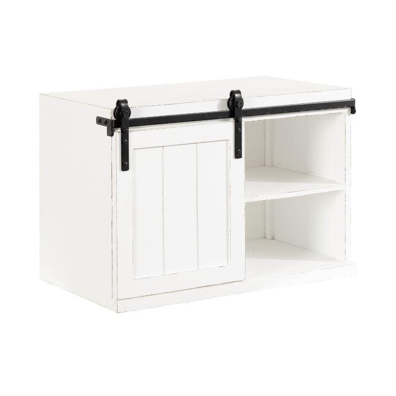 White Wood Floating Side Table with Sliding Barn Door