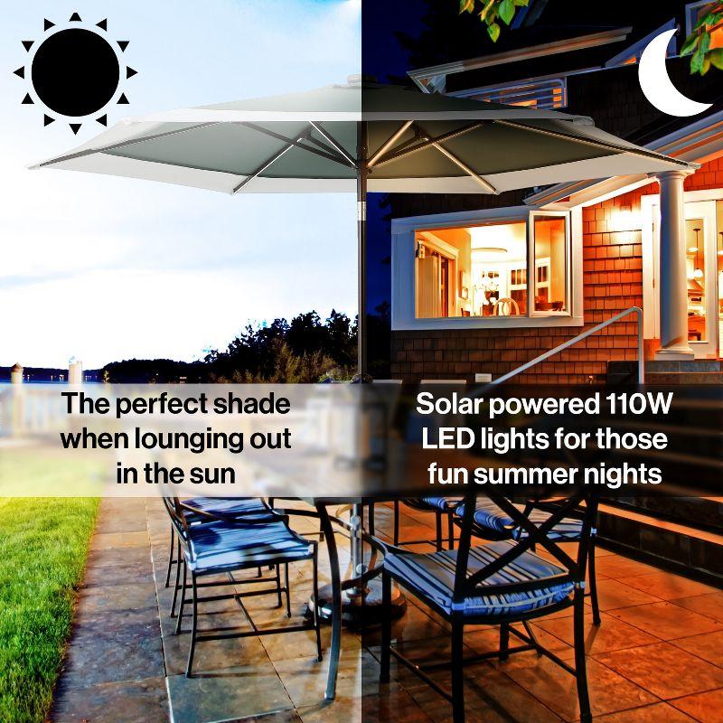 JONATHAN Y Spencer 9 ft. Classic Coastal 2-Tone Solar LED Market Patio Umbrella 12 LED Strip Lights, Auto-Tilt, Crank, UV Protection in Green/White