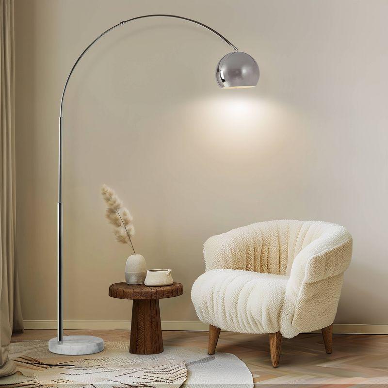 Brightech Olivia 75" Modern Industrial LED Arc Floor Lamp with Silver Chrome Finish, White Marble Base, and Metal Bowl Shade, Bulb Included