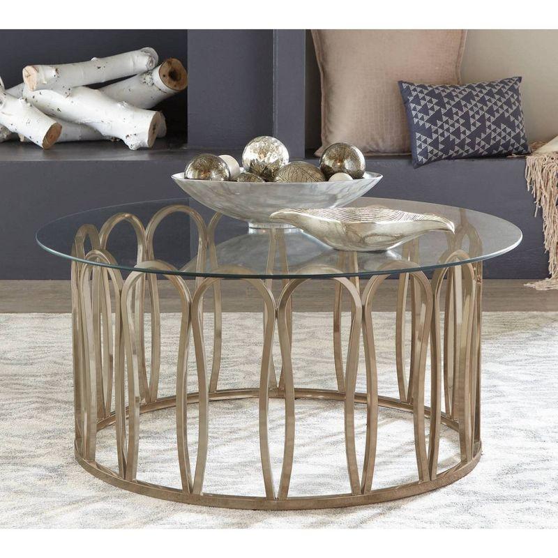 Monett Round Coffee Table with Glass Top Brass - Coaster