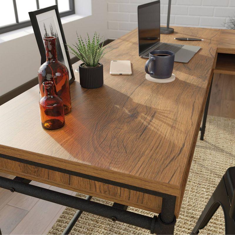 Sauder Iron City L Shaped Computer Desk Checked Oak: Industrial Style with Metal Frame & Hutch Storage