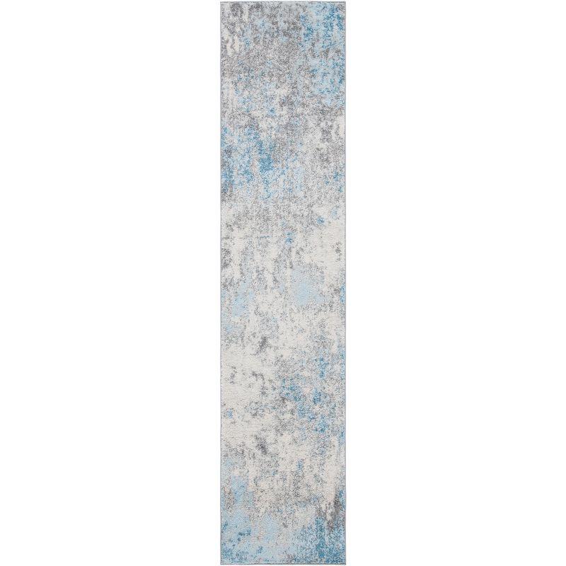 Abstract Grey & Blue Synthetic 2' x 9' Easy-Care Runner Rug