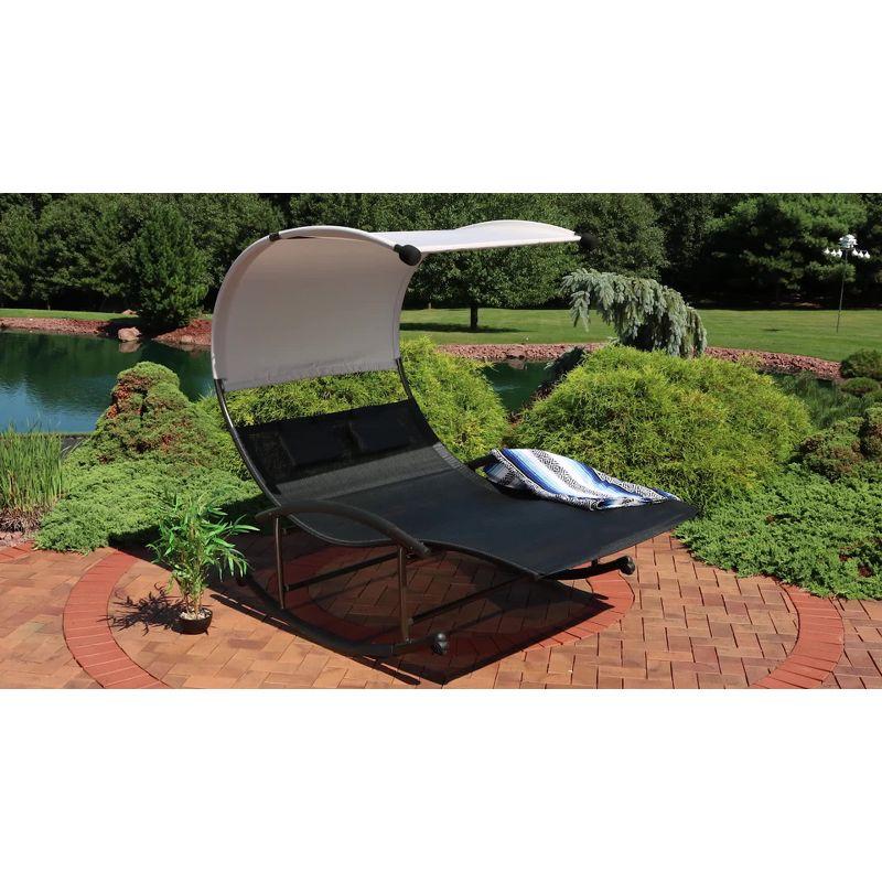 Sunnydaze Outdoor Double Chaise Lounge Bed with Canopy Shade and Headrest Pillows, Black