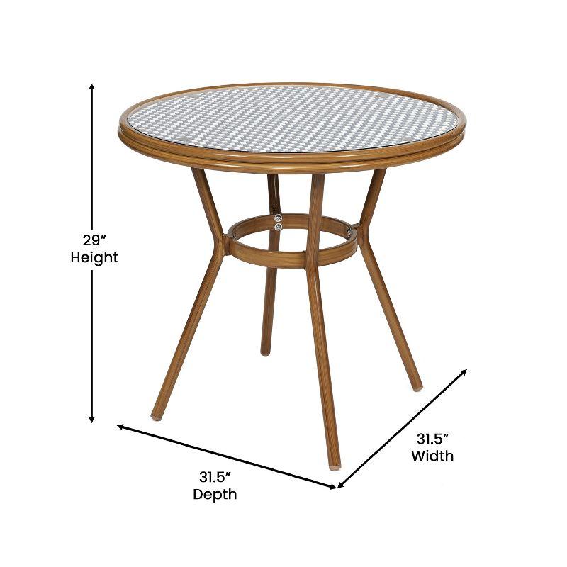 Merrick Lane Sacha Bistro Style Table with Glass Top, Navy & White PE Rattan, 2 Stack Chairs, and Bamboo Finished Metal Frame for Indoor/Outdoor Use