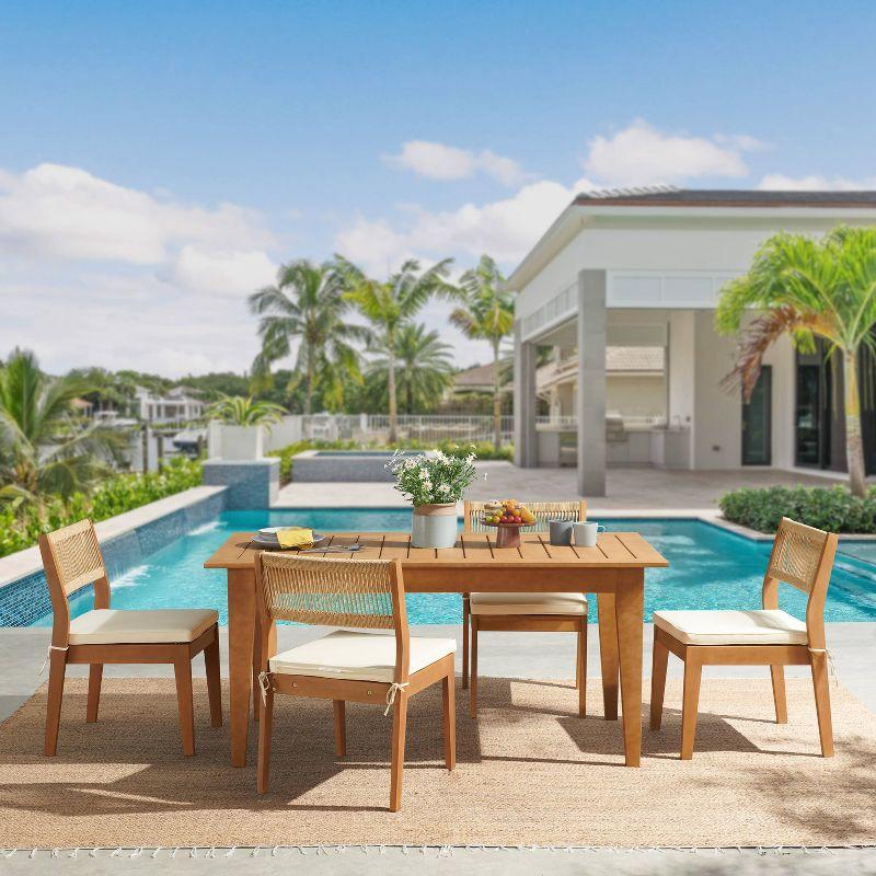 Pomona 5 Pc Patio Dining Set Wood One 63" Outdoor Dining Table 4 Stackable Chairs With Cushions