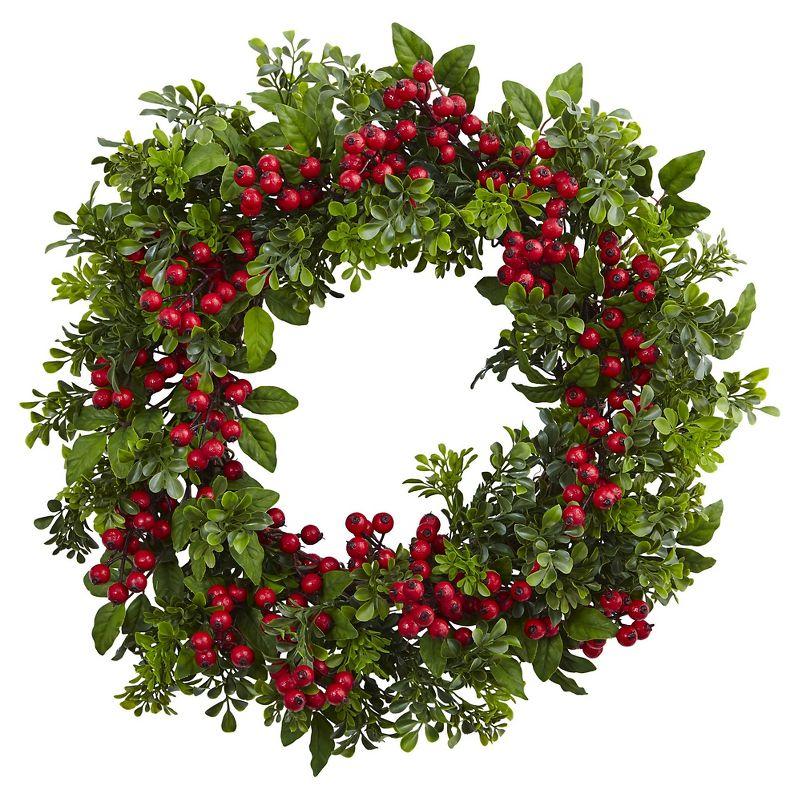 24" Holiday Red Berry and Boxwood Artificial Christmas Wreath