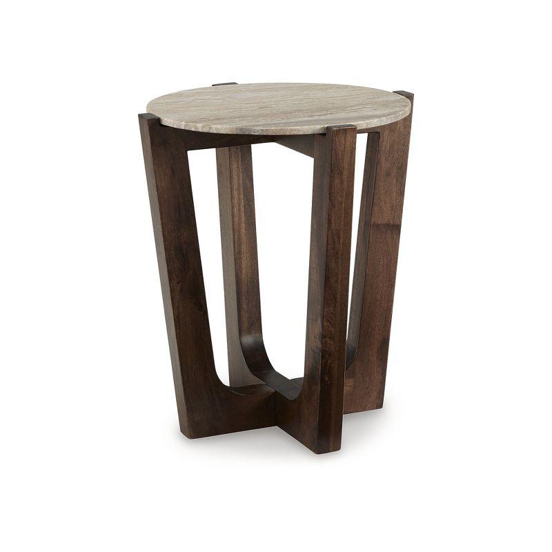 Round Brown Mango Wood and Marble End Table