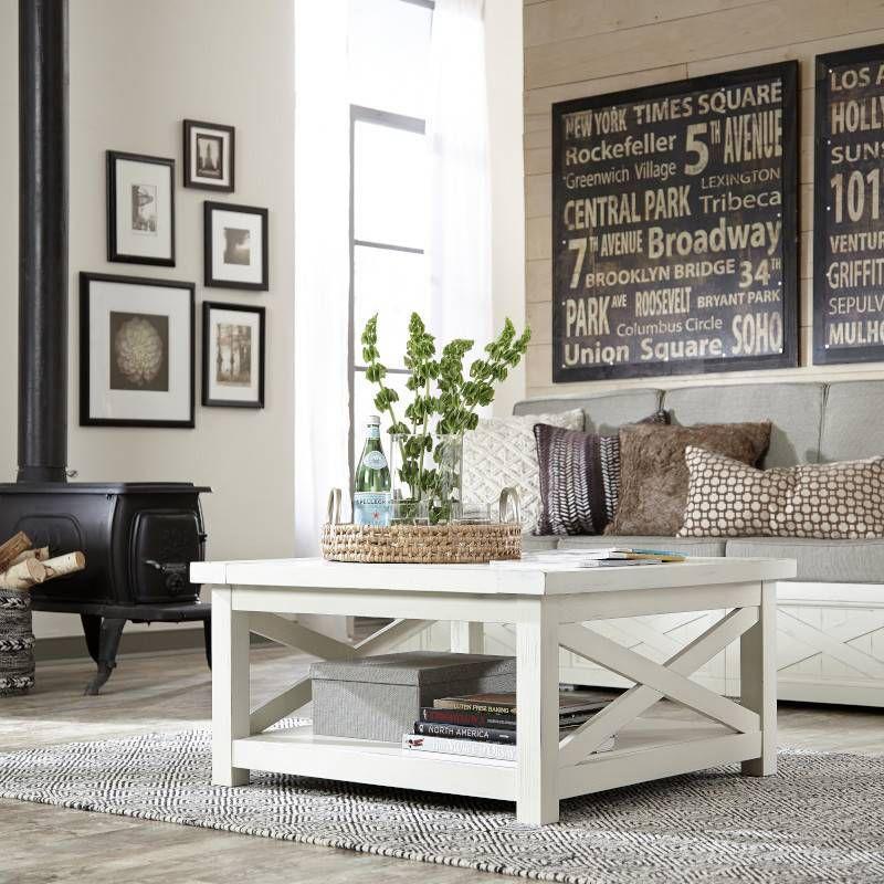 Seaside Lodge Square Off-White Wood Coffee Table with Open Storage