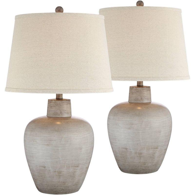 Rustic Gray Urn Table Lamps with Beige Shades, Set of 2