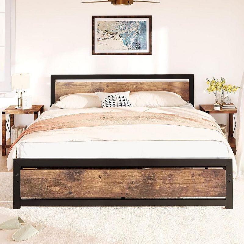 Garvee King Size Bed Frame with Wooden Headboard, 14 inch King Metal Bed Platform No Box Spring Needed with Heavy Duty Steel Slat, Brown