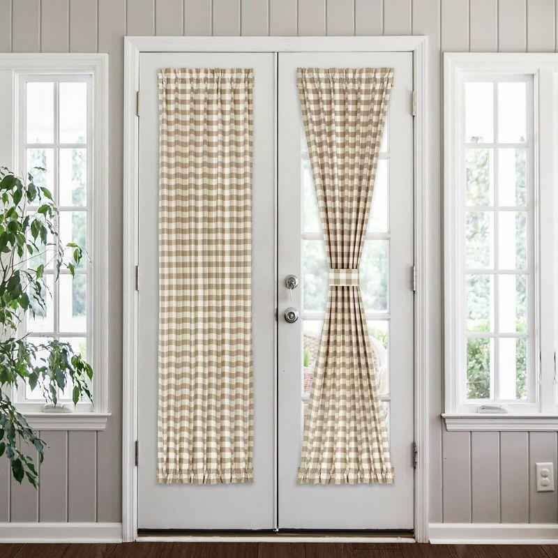Kate Aurora Plaid Country Farmhouse French Door Curtain Panel With Matching Tieback - 25W x 40L, Linen