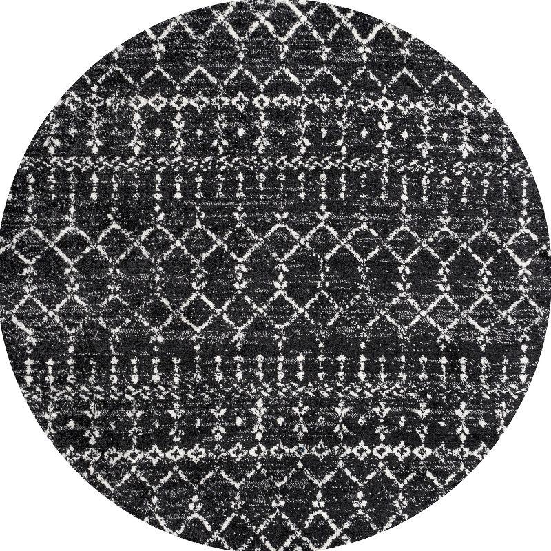 Vintage Moroccan Trellis 5' Round Rug in Black/Ivory