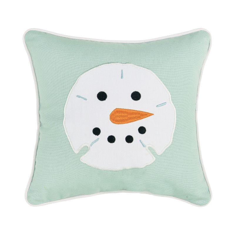 Seafoam Green Embroidered Snowman Sand Dollar Throw Pillow