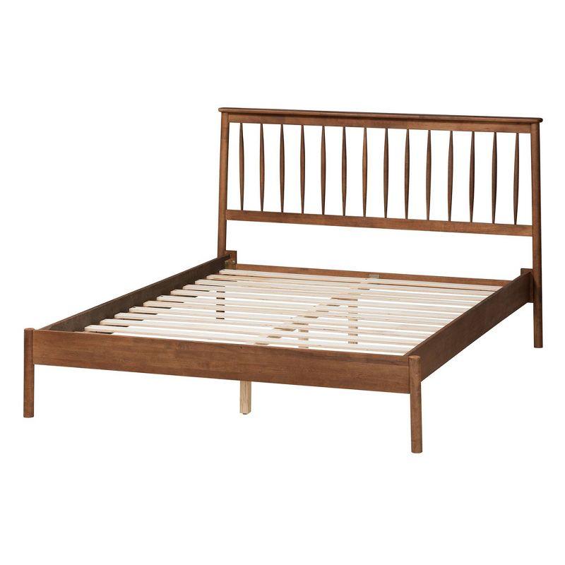 Agatis Wood Queen Size Bed Walnut Brown - Baxton Studio: Mid-Century Spindle Headboard, No Box Spring Needed