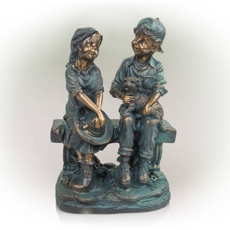 Alpine Corporation 16" Polyresin Girl and Boy with Dog Sitting on Bench Sculpture Bronze: Durable Outdoor Decor, Magnesium Oxide, Rust-Resistant