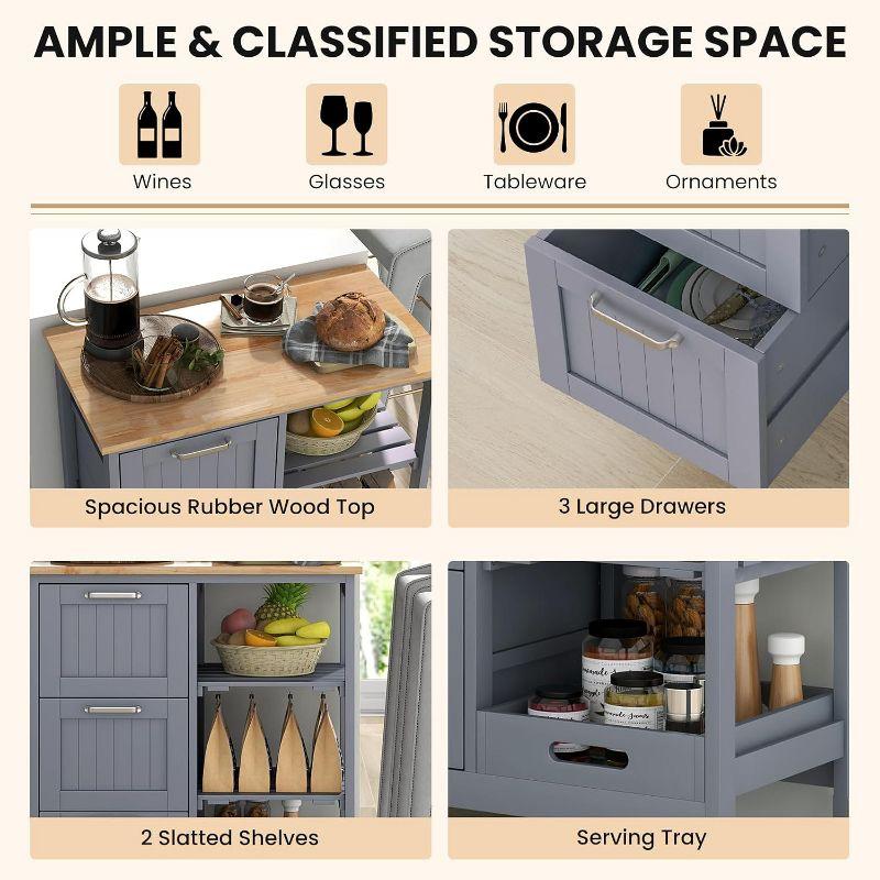 Tangkula Kitchen Island Cart on Wheels w/Rubber Wood Top 3 Storage Drawers & 2 Removable Shelves & Removable Tray Lockable Casters Grey