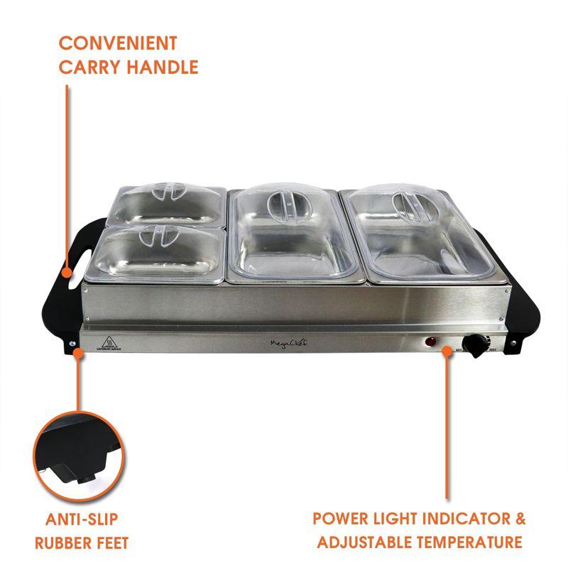 MegaChef Buffet Server & Food Warmer With 3 Sectional Trays: Stainless Steel Chafing Dish, 4.5L Capacity, Temperature Control