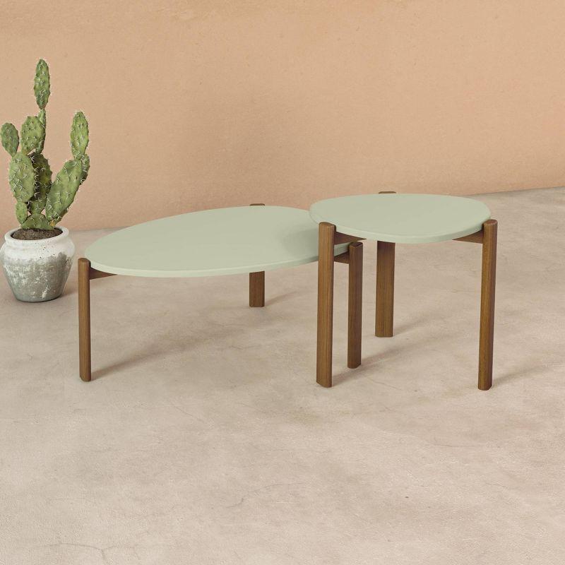 Modern Green MDF and Eucalyptus Wood Elliptical Accent Table Set