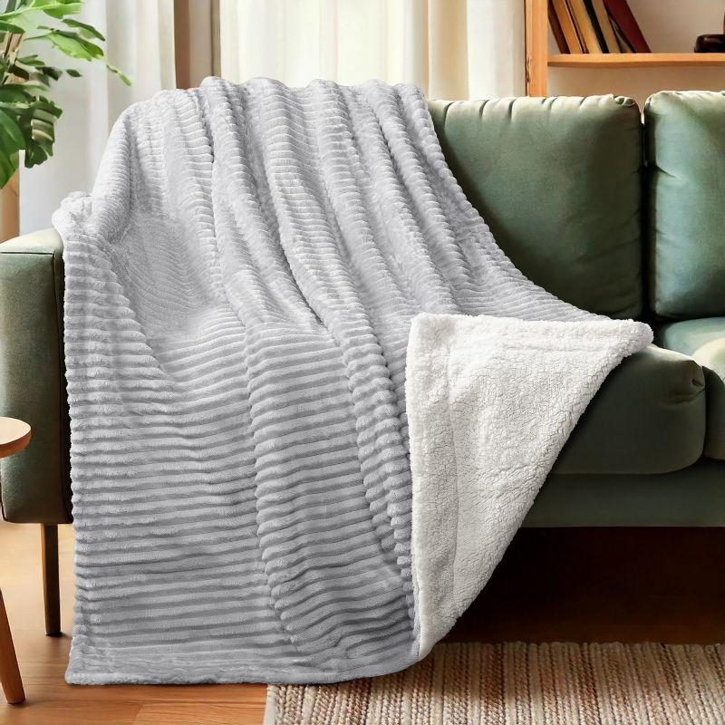 PAVILIA Soft Thick Fleece Flannel Ribbed Striped Throw Blanket, Luxury Fuzzy Plush Warm Cozy for Sofa Couch Bed, Light Gray/Throw - 50x60