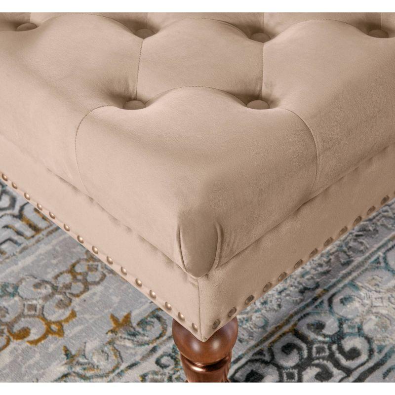 Elegant Tan Linen Tufted Cocktail Ottoman with Dark Walnut Legs