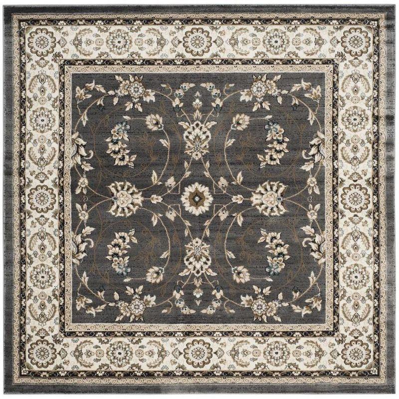 Grey and Cream Floral Square Synthetic Area Rug