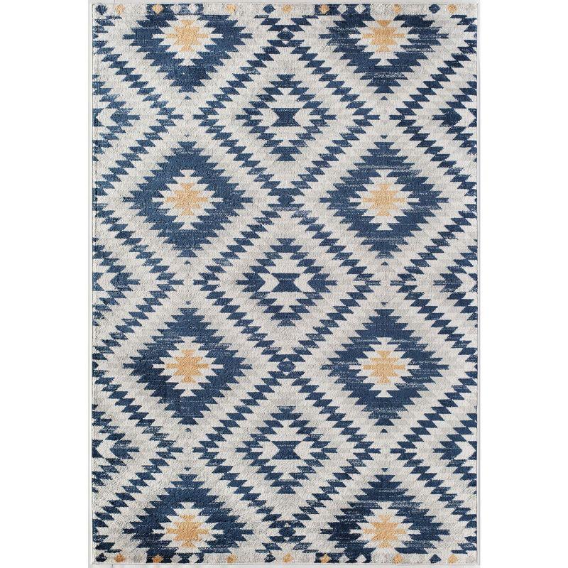 Soleil Diamond Print Stain-Resistant Area Rug, 2'x4', Blue and Yellow