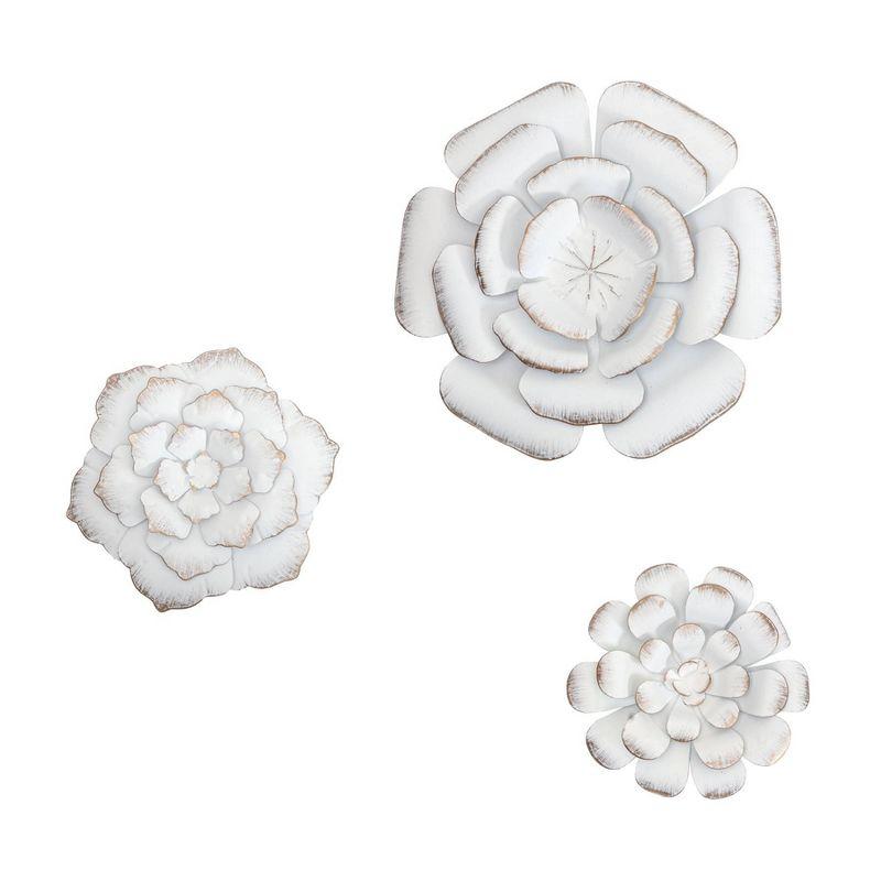 Lani White and Gold Metal Flower Wall Art Set of 3