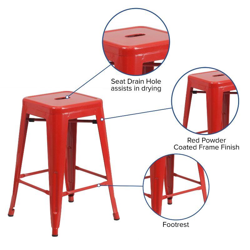 24" Red Metal & Brown Wood Backless Counter Stool