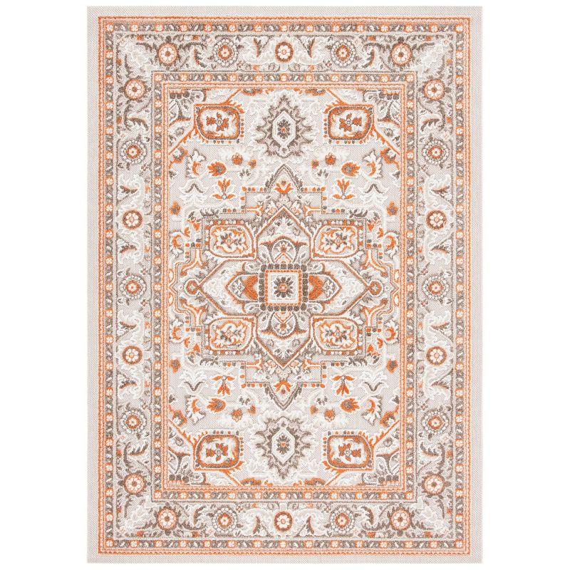 Beige and Orange Floral Synthetic Indoor/Outdoor Rug