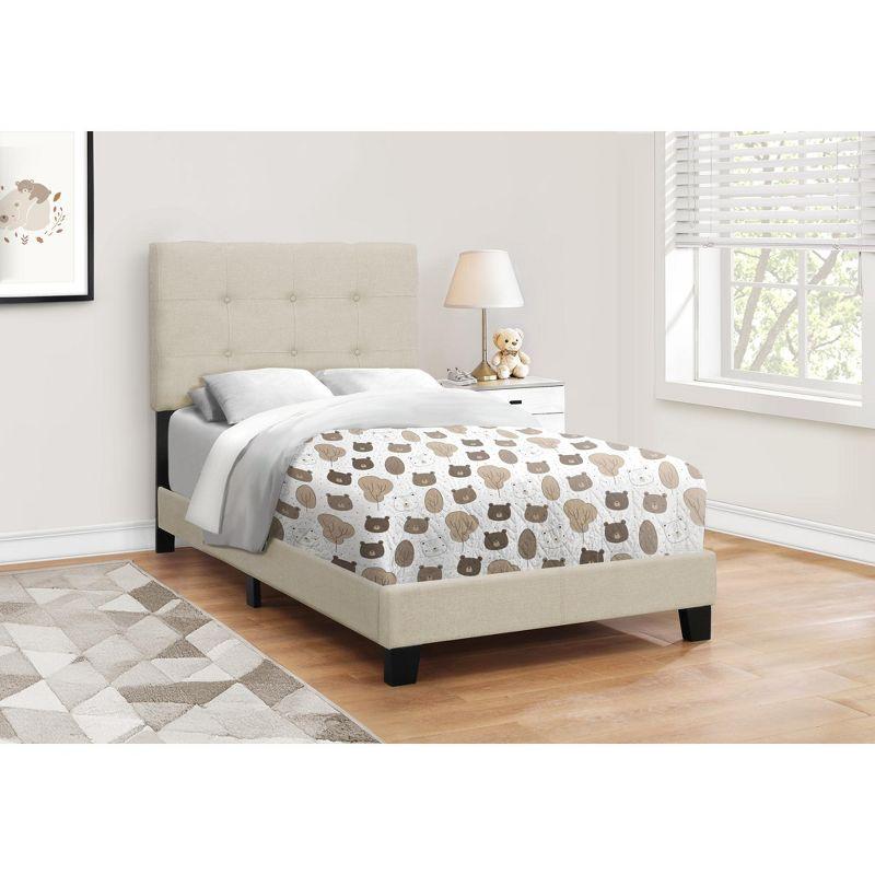 Monarch Specialties Bed Twin Size Platform Teen Frame Upholstered Linen Look Wood Legs Beige Black Transitional