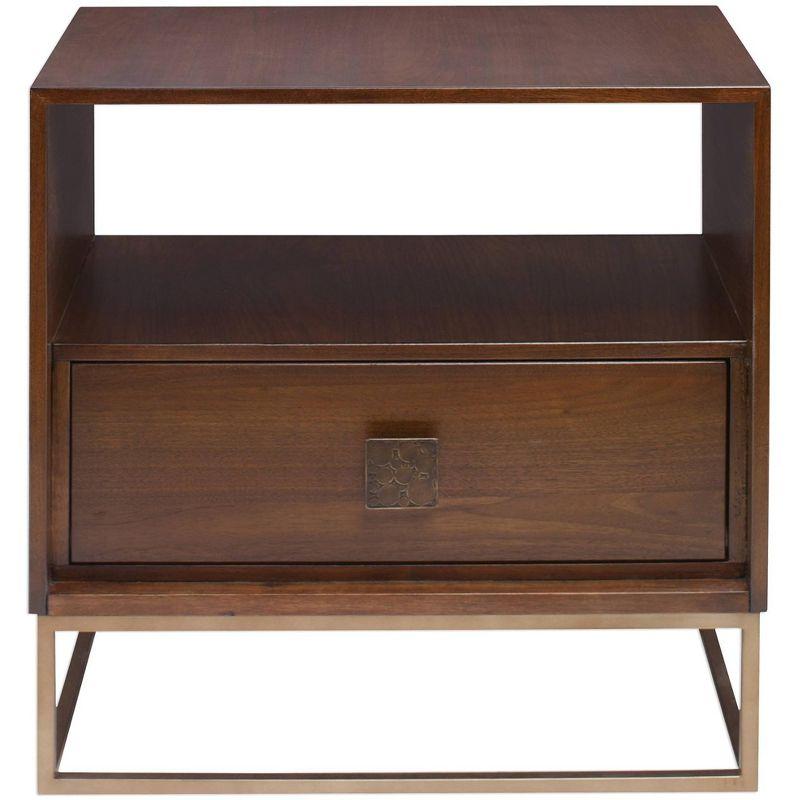 Walnut and Brass Rectangular Side Table with Storage