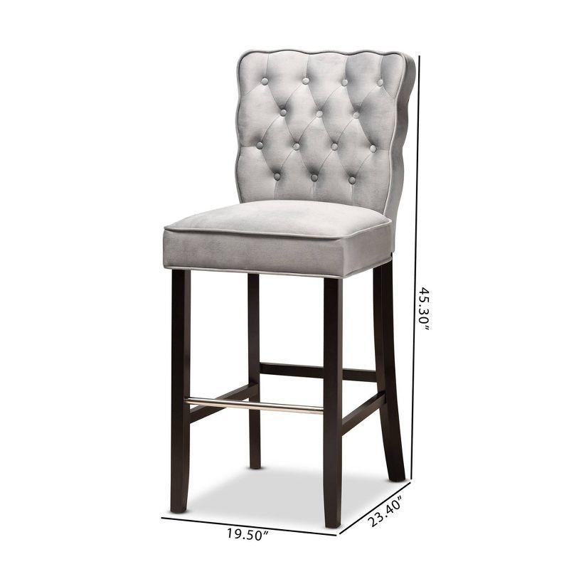 2pc Daphne Velvet Fabric Upholstered and Wood Counter Height Barstool Set Gray/Brown - Baxton Studio: Elegant Tufted Design, Silver-Tone Footrest