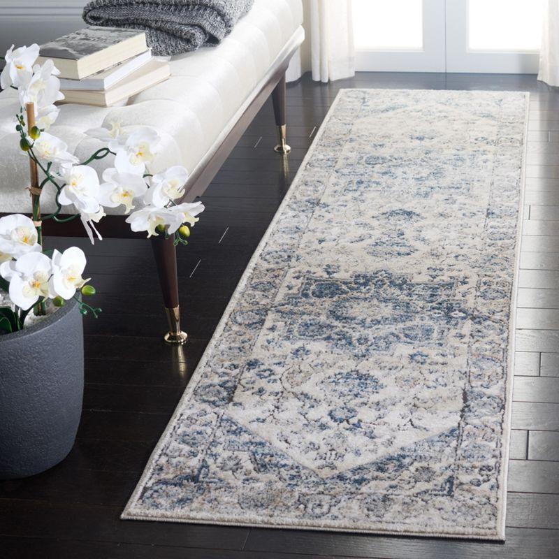 Ivory and Blue Medallion Synthetic Runner Rug