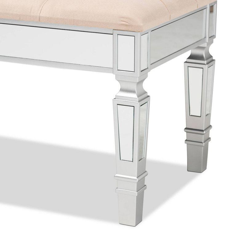 Hedia Fabric Upholstered and Wood Accent Bench Beige/Silver - Baxton Studio: Mirrored Glass, Foam-Padded, Button-Tufted
