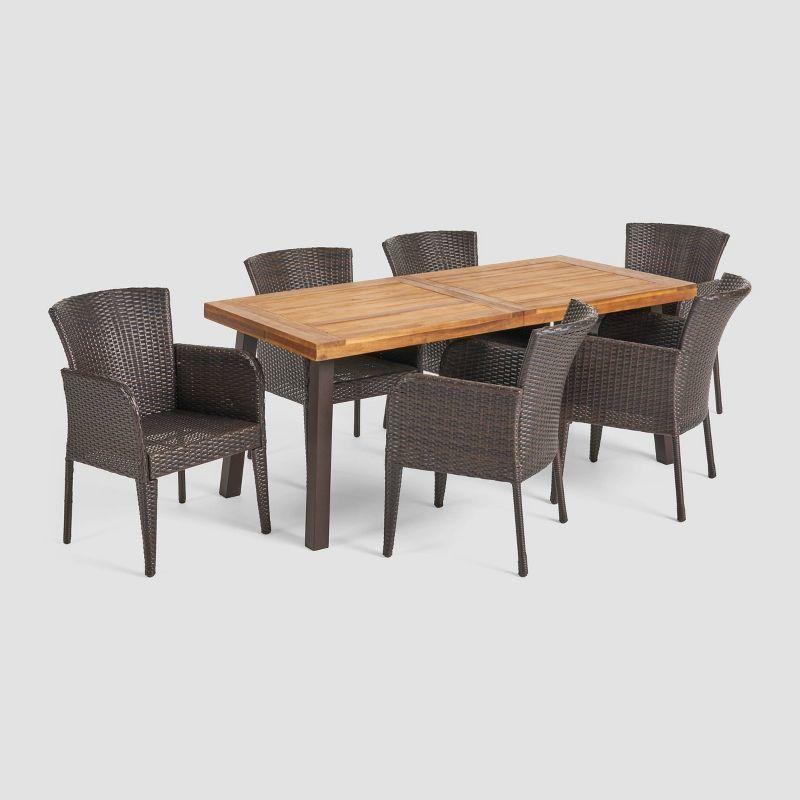 Denaya 7pc Rectangle All-Weather Wicker & Wood Patio Dining Set - Brown/Natural - Christopher Knight Home: Galvanized Steel Hardware