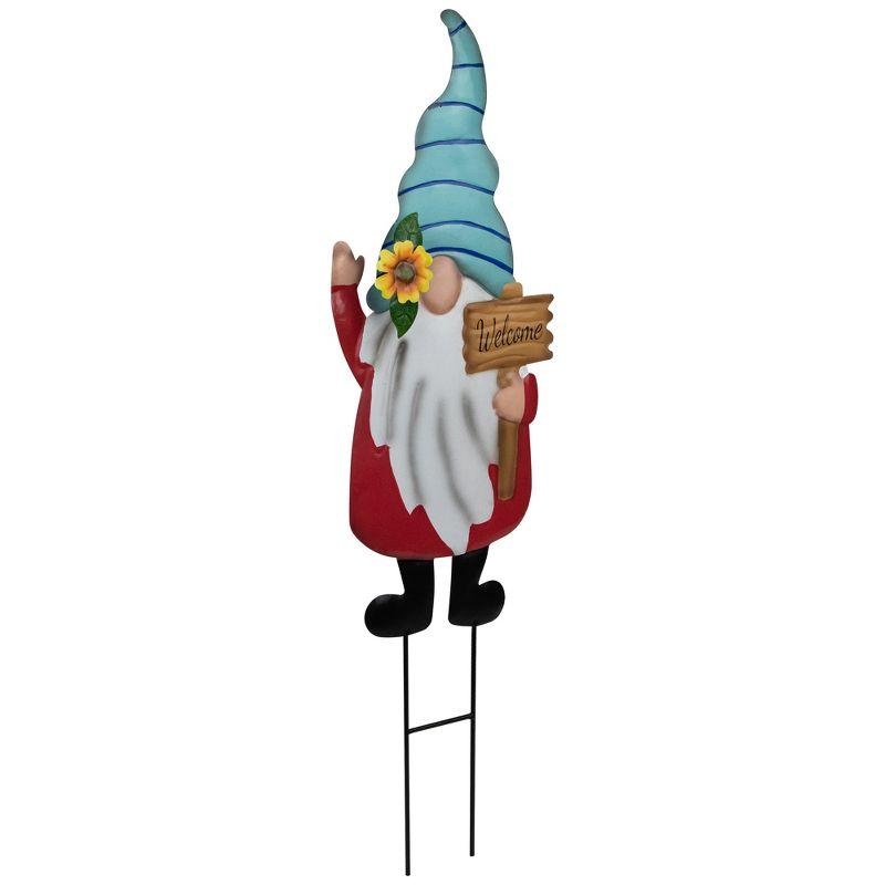 Red and Blue Welcome Gnome Garden Stake with Metal Sign