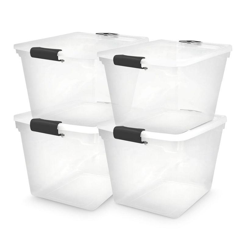 Homz 31 Quart Secured Seal Latch Extra Large Single Clear Stackable Storage Container Tote with Grey Handles for Home, Garage, or Basement, 4 Count