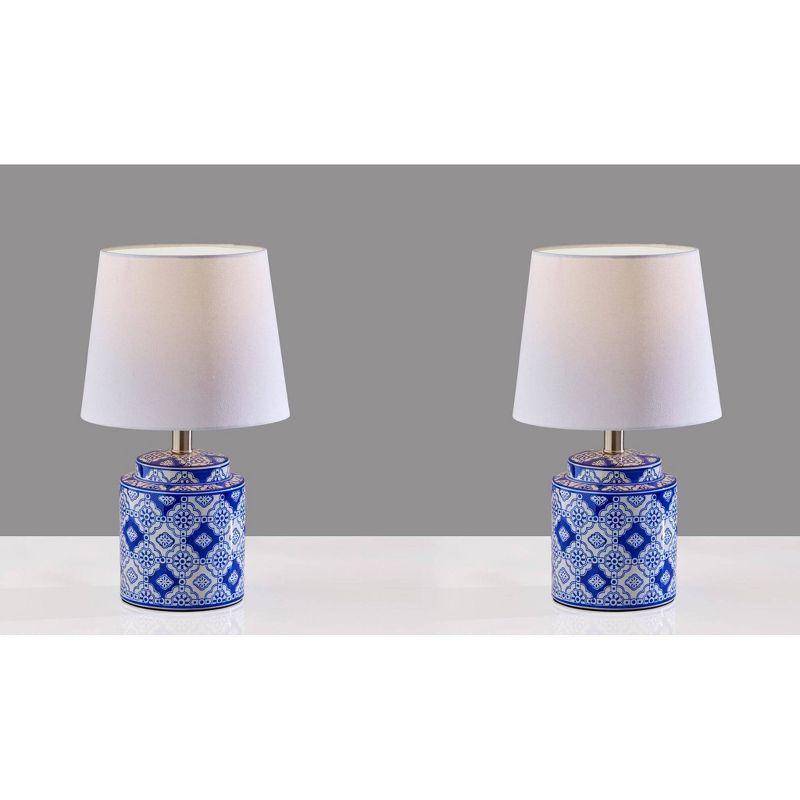 Adesso (Set of 2) Polly Bonus Table Lamps White and Blue: Ceramic Base, Polyester Drum Shade, ETL Listed