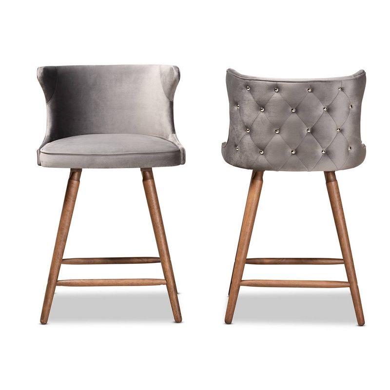 2pc Sagira Velvet & Wood Counter Height Barstool Set with Footrest - Baxton Studio
