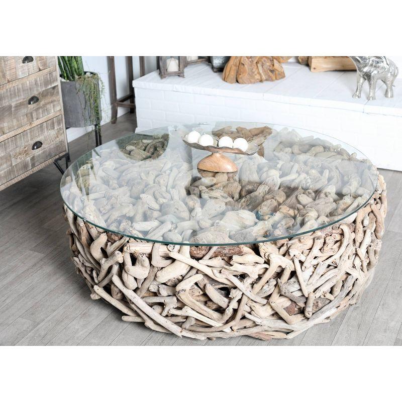 Natural Driftwood & Glass Round Outdoor Coffee Table - 49" Brown