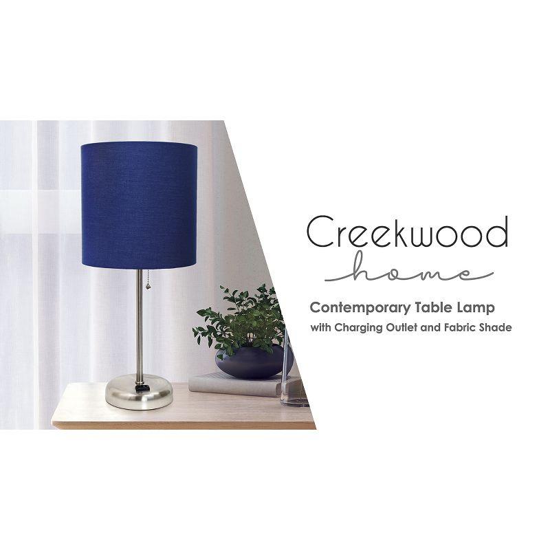 Creekwood Home 19.5" Bedside Power Outlet Base Metal Table Desk Lamp Brushed Steel with Fabric Shade Gray : College Dorm, Pull Chain