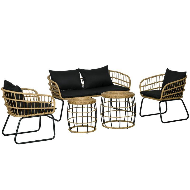 Outsunny 5 Piece PE Rattan Outdoor Furniture Set with Cushioned Chairs, Loveseat Sofa & Stackable Coffee Tables