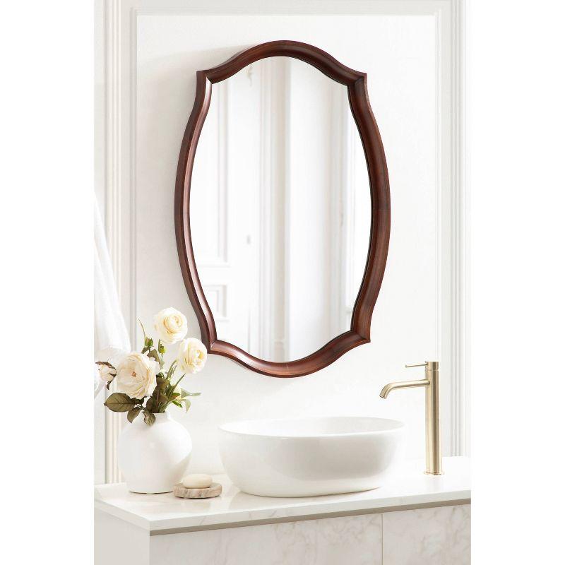 Walnut Brown Scalloped Oval Wood Bathroom Vanity Mirror