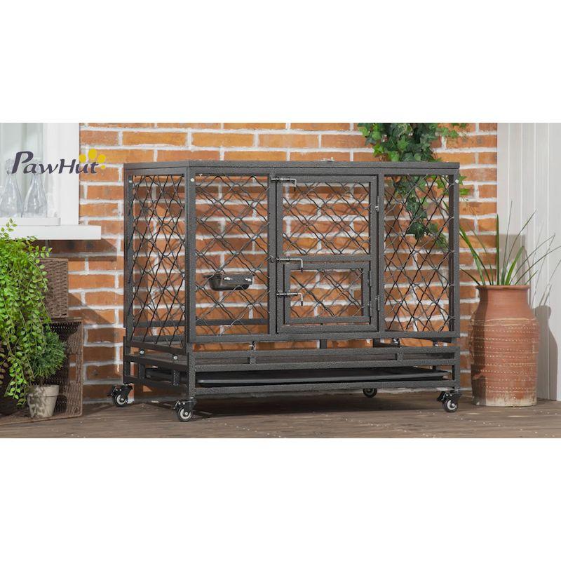 PawHut 42.5" Heavy Duty Dog Crate Metal Kennel and Cage Dog Playpen with Lockable Wheels, Slide-out Tray, Food Bowl and Double Doors