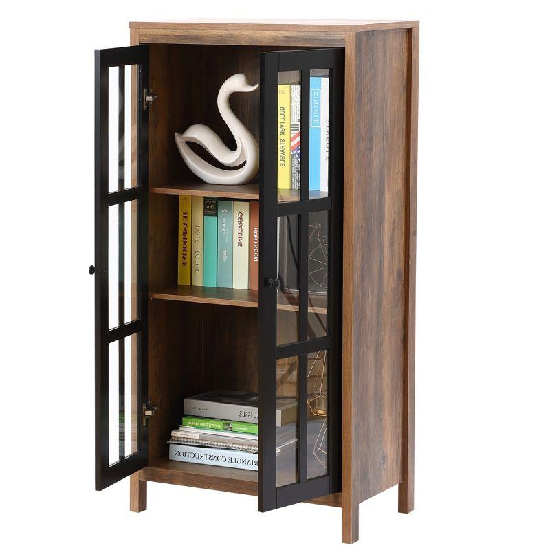 LuxenHome Natural Wood Glass Doors 47.25" H Accent Curio Storage Cabinet Brown