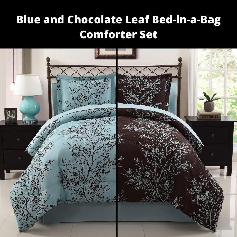 Leaf 8-Piece Blue Reversible Bed-in-a-Bag Comforter Set