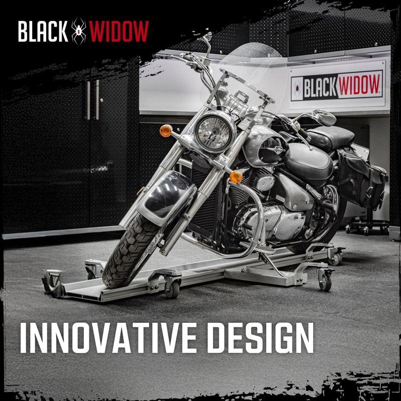 Black Widow Motorcycle Dolly with Fully Adjustable Kickstand Plate Locking Casters with Ride-On Load and Ride-Off Unload without Use of Ramp or Lever