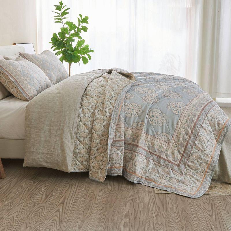 2pc Twin Printed Vintage Quilt Bedding Set Beige/Blue - Patina Vie: Reversible Damask Pattern, OEKO-TEX Certified