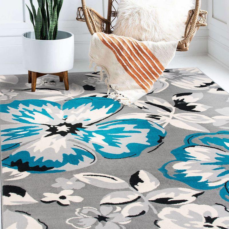 Modern Floral Blue Synthetic 6'6" x 9' Easy-Care Area Rug